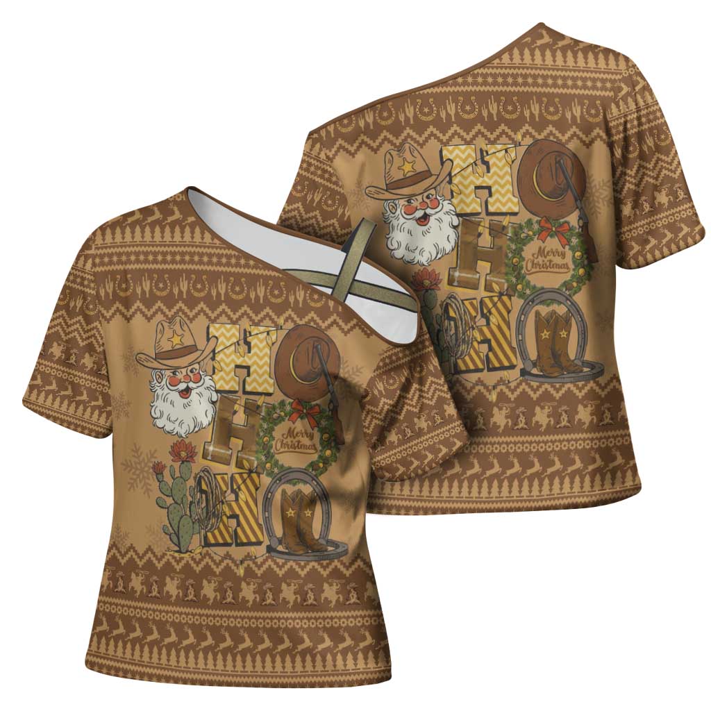 Western Cowboy Christmas Cross Shoulder Shirt Cowboy Santa Ho Ho Ho Retro - Wonder Print Shop