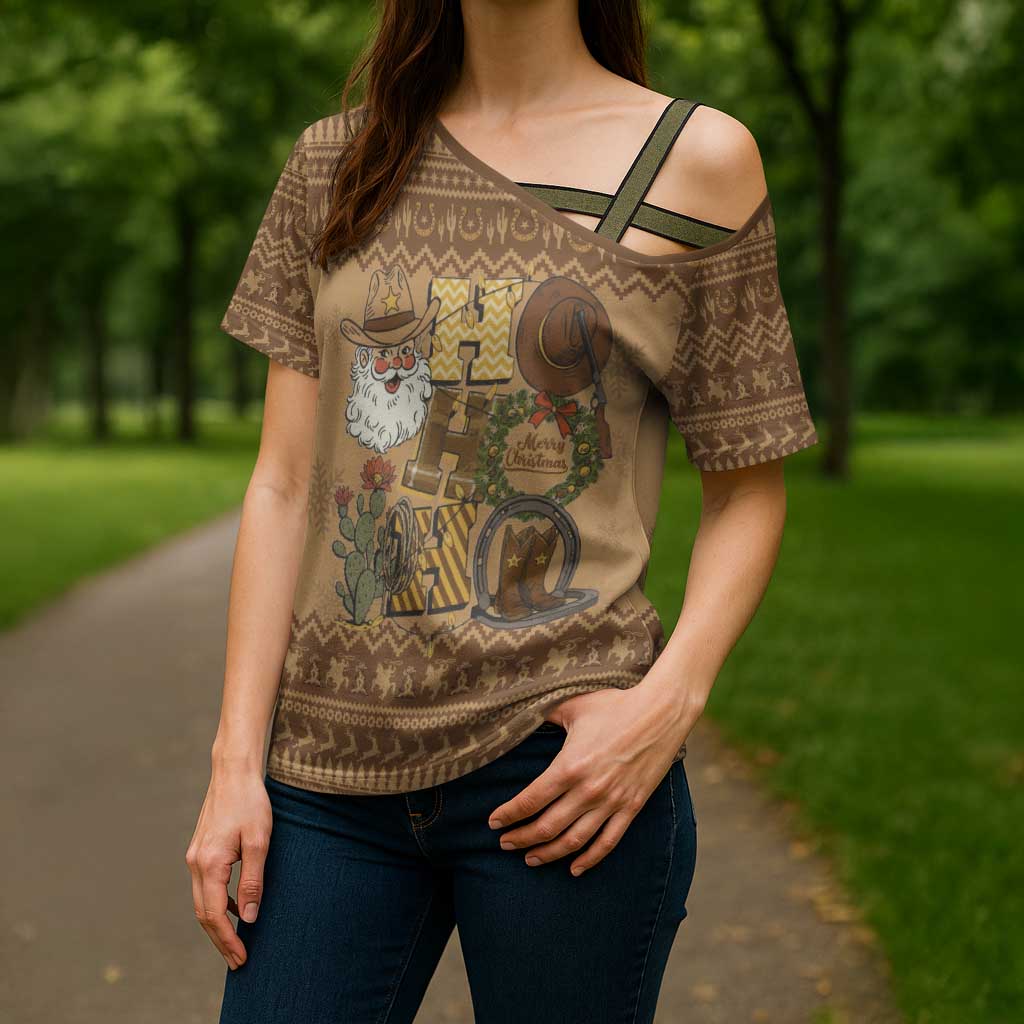 Western Cowboy Christmas Cross Shoulder Shirt Cowboy Santa Ho Ho Ho Retro - Wonder Print Shop