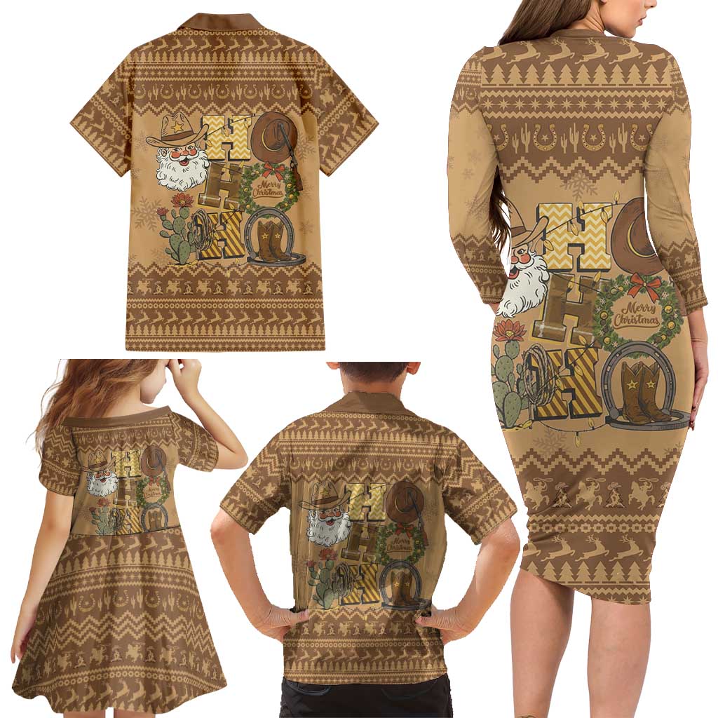 Western Cowboy Christmas Family Matching Long Sleeve Bodycon Dress and Hawaiian Shirt Cowboy Santa Ho Ho Ho Retro - Wonder Print Shop