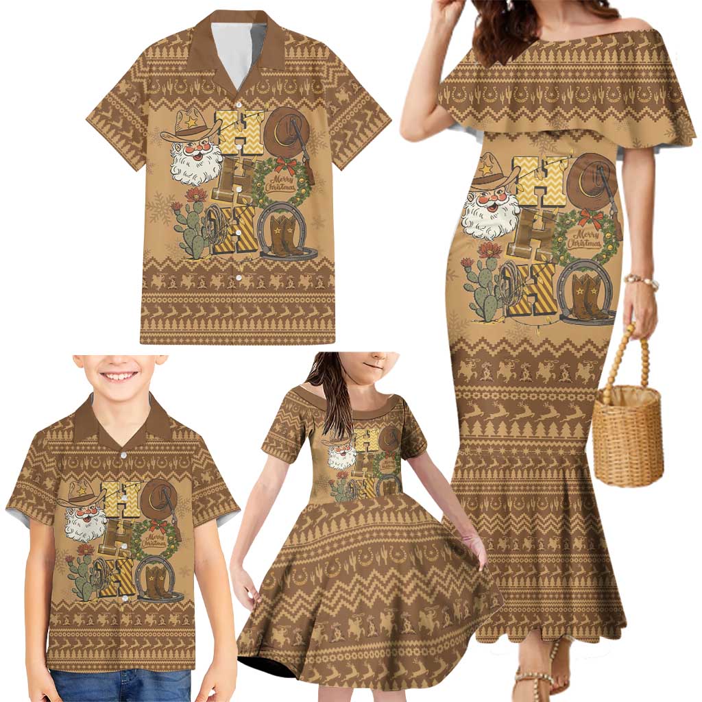 Western Cowboy Christmas Family Matching Mermaid Dress and Hawaiian Shirt Cowboy Santa Ho Ho Ho Retro - Wonder Print Shop