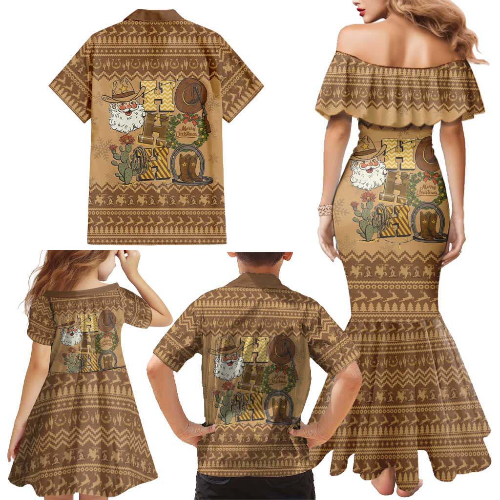 Western Cowboy Christmas Family Matching Mermaid Dress and Hawaiian Shirt Cowboy Santa Ho Ho Ho Retro - Wonder Print Shop