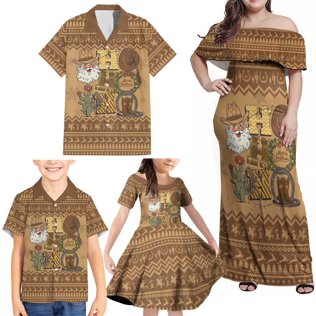 Western Cowboy Christmas Family Matching Off Shoulder Maxi Dress and Hawaiian Shirt Cowboy Santa Ho Ho Ho Retro - Wonder Print Shop