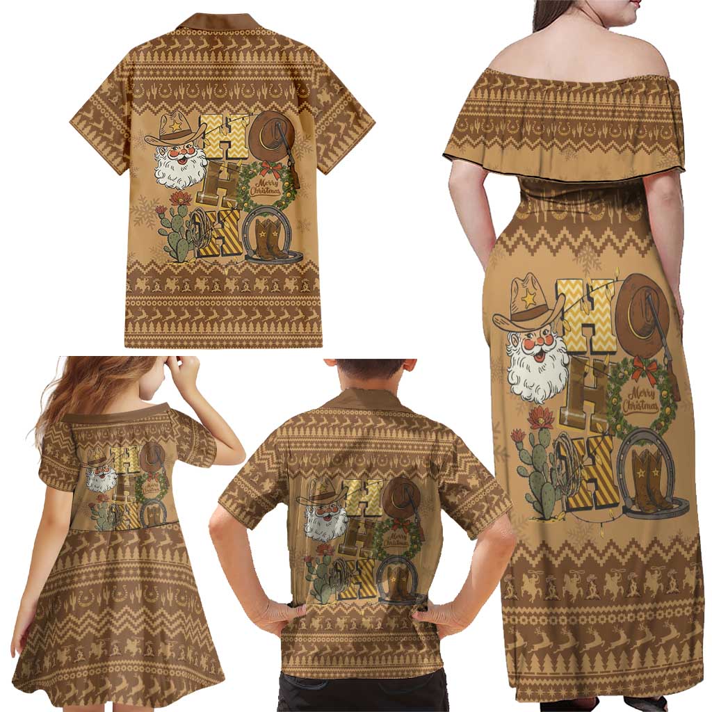 Western Cowboy Christmas Family Matching Off Shoulder Maxi Dress and Hawaiian Shirt Cowboy Santa Ho Ho Ho Retro - Wonder Print Shop