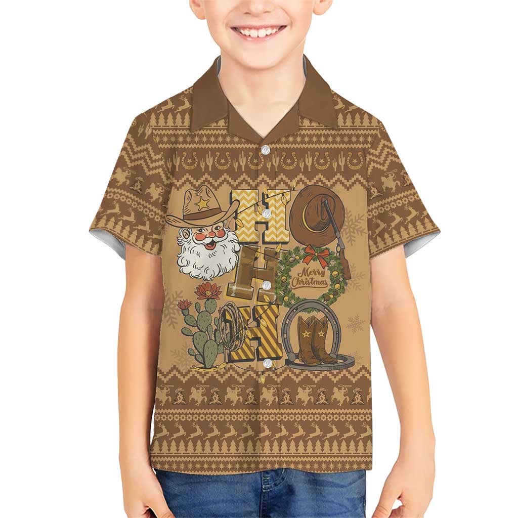 Western Cowboy Christmas Family Matching Off Shoulder Maxi Dress and Hawaiian Shirt Cowboy Santa Ho Ho Ho Retro - Wonder Print Shop