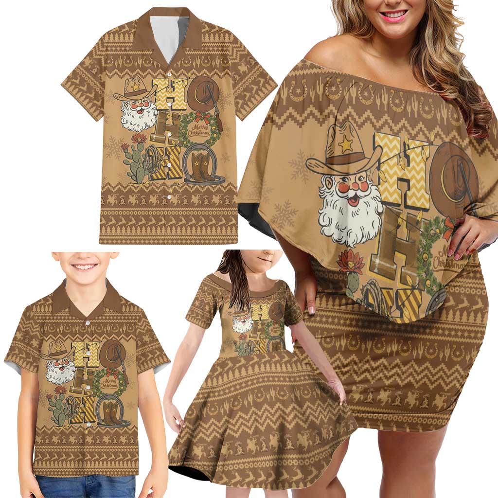 Western Cowboy Christmas Family Matching Off Shoulder Short Dress and Hawaiian Shirt Cowboy Santa Ho Ho Ho Retro - Wonder Print Shop
