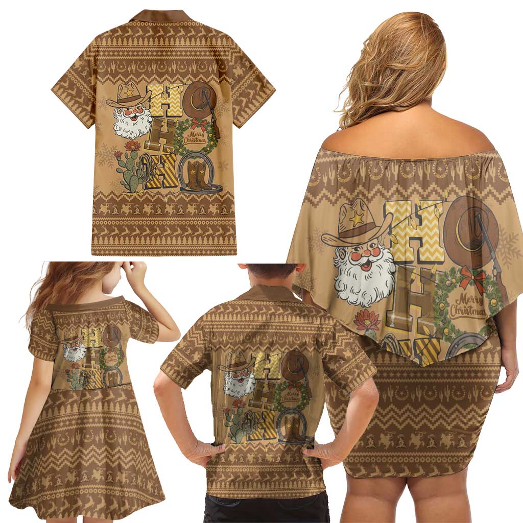 Western Cowboy Christmas Family Matching Off Shoulder Short Dress and Hawaiian Shirt Cowboy Santa Ho Ho Ho Retro - Wonder Print Shop