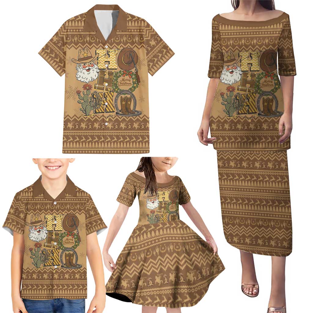 Western Cowboy Christmas Family Matching Puletasi and Hawaiian Shirt Cowboy Santa Ho Ho Ho Retro - Wonder Print Shop