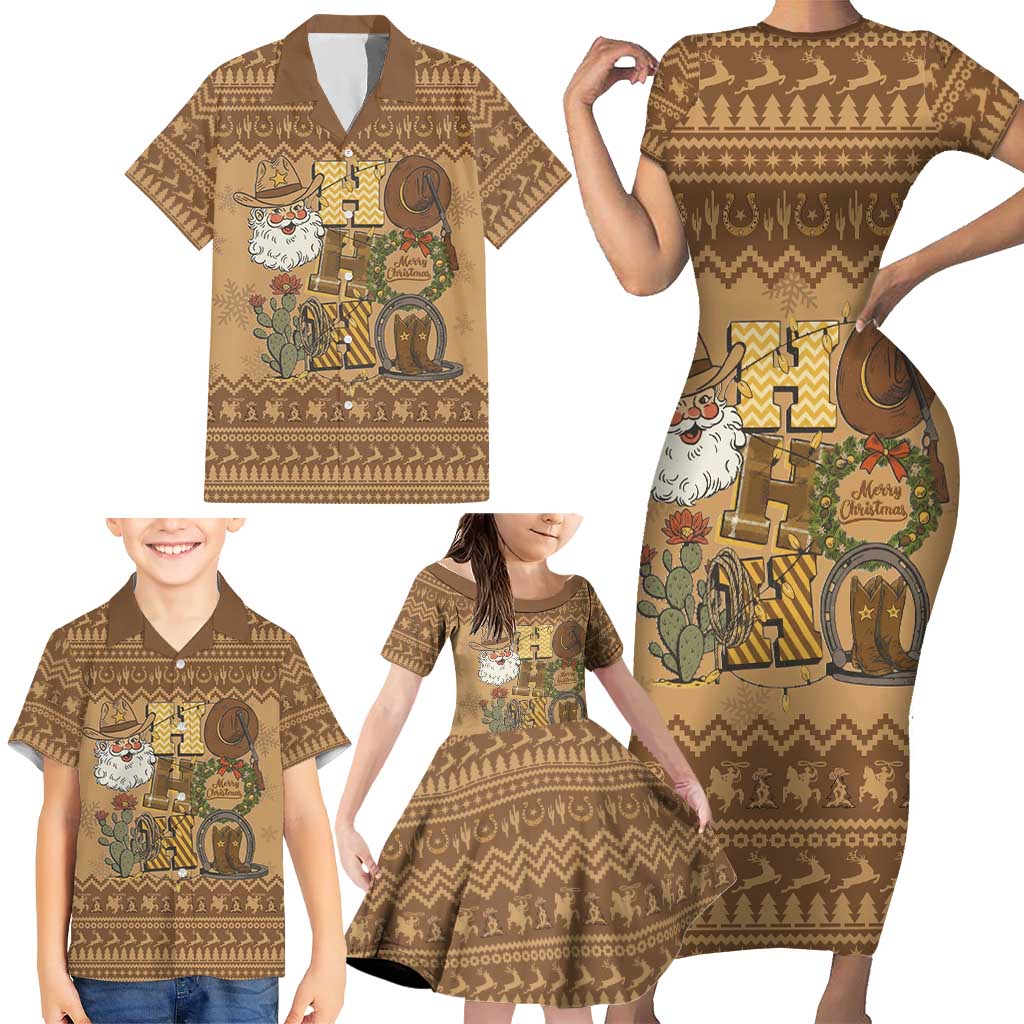 Western Cowboy Christmas Family Matching Short Sleeve Bodycon Dress and Hawaiian Shirt Cowboy Santa Ho Ho Ho Retro - Wonder Print Shop