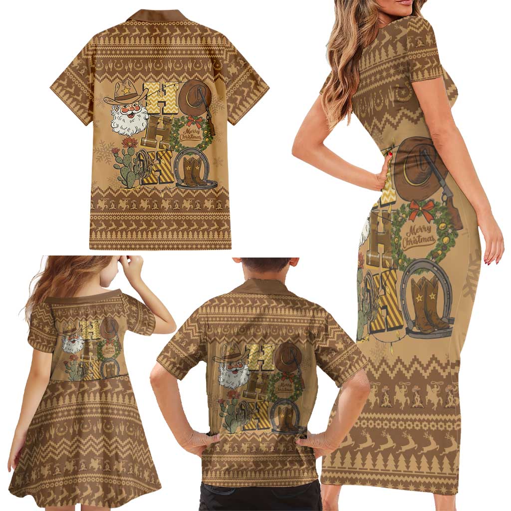 Western Cowboy Christmas Family Matching Short Sleeve Bodycon Dress and Hawaiian Shirt Cowboy Santa Ho Ho Ho Retro - Wonder Print Shop