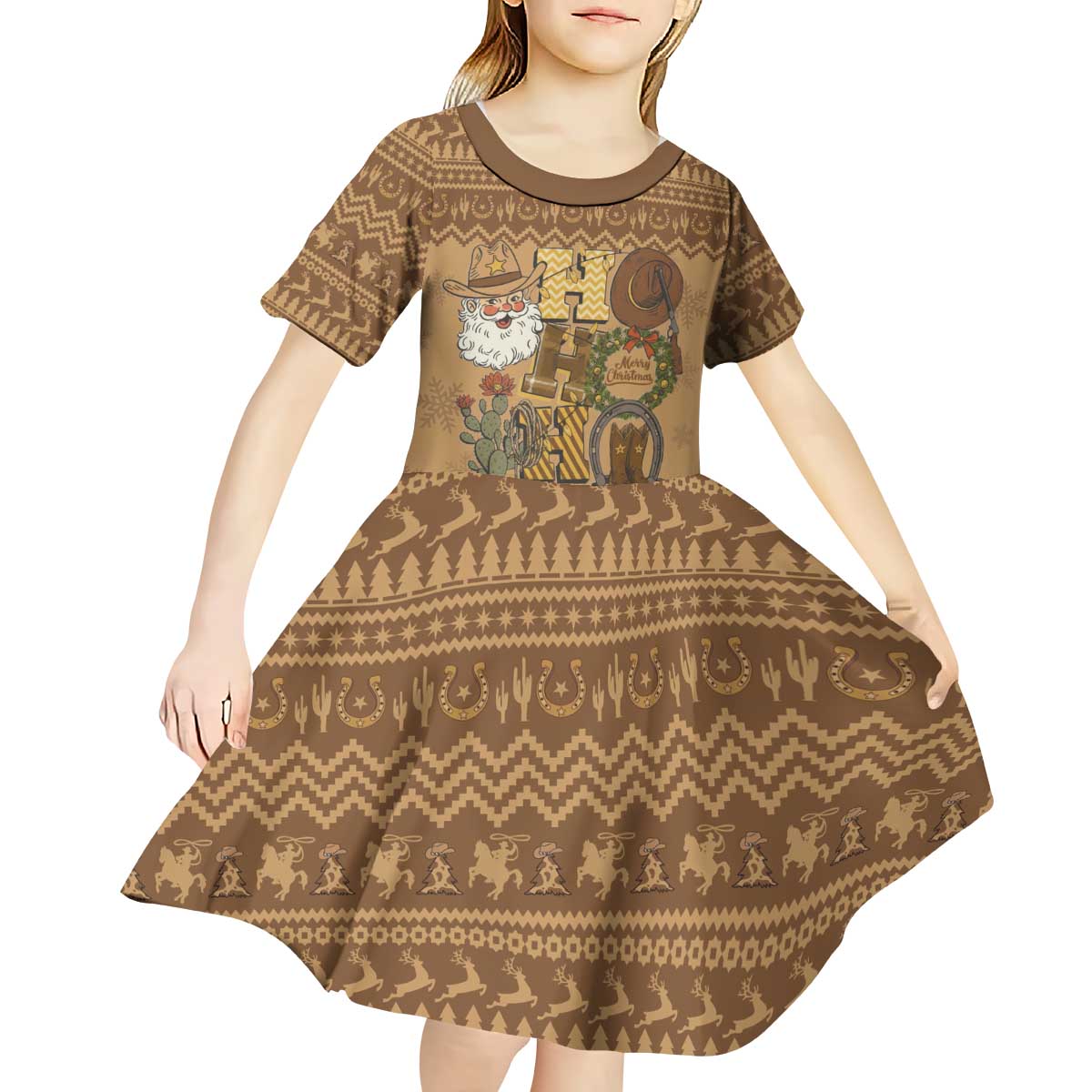 Western Cowboy Christmas Kid Short Sleeve Dress Cowboy Santa Ho Ho Ho Retro - Wonder Print Shop