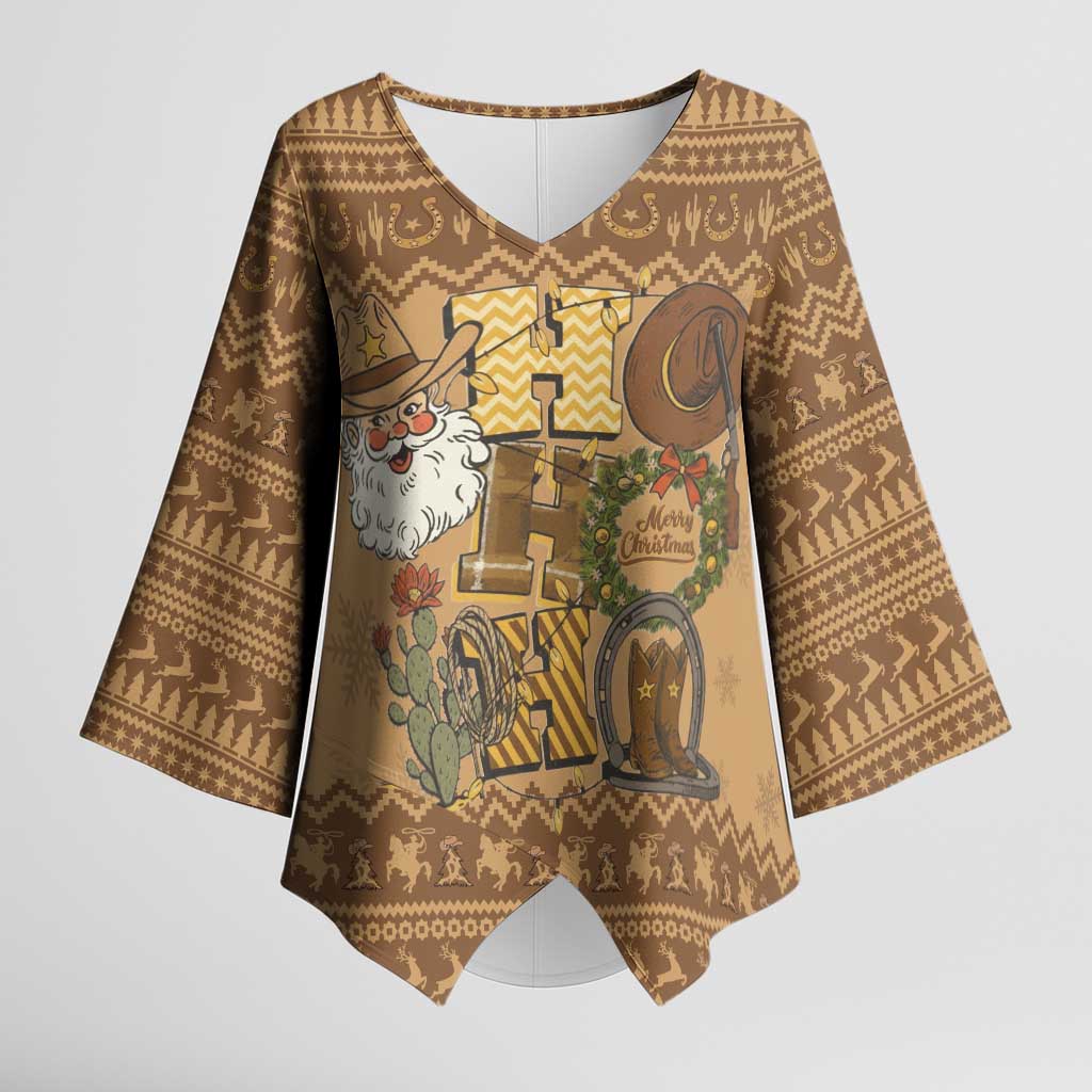 Western Cowboy Christmas Kimono Sleeve Blouse Cowboy Santa Ho Ho Ho Retro - Wonder Print Shop