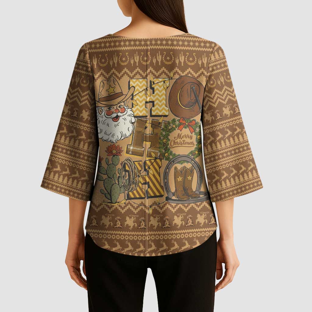 Western Cowboy Christmas Kimono Sleeve Blouse Cowboy Santa Ho Ho Ho Retro - Wonder Print Shop