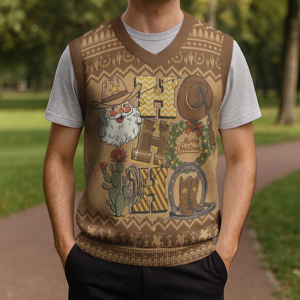 Western Cowboy Christmas Knitted V-Neck Vest Cowboy Santa Ho Ho Ho Retro - Wonder Print Shop