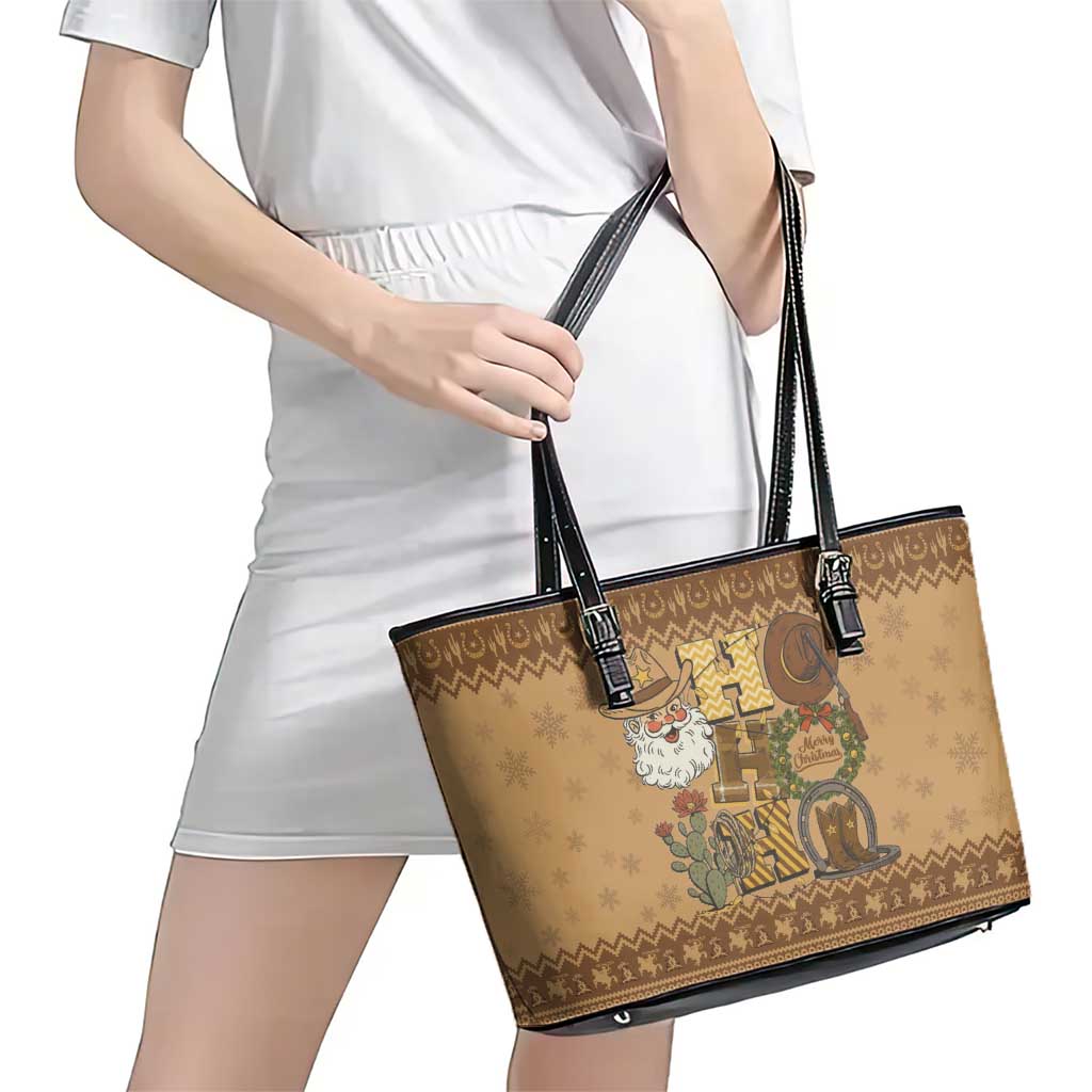 Western Cowboy Christmas Leather Tote Bag Cowboy Santa Ho Ho Ho Retro - Wonder Print Shop