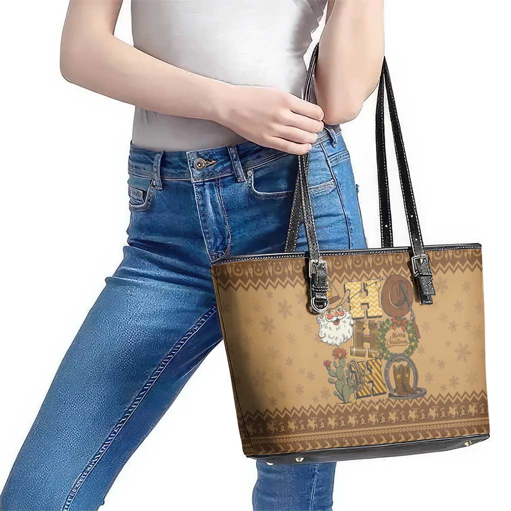 Western Cowboy Christmas Leather Tote Bag Cowboy Santa Ho Ho Ho Retro - Wonder Print Shop