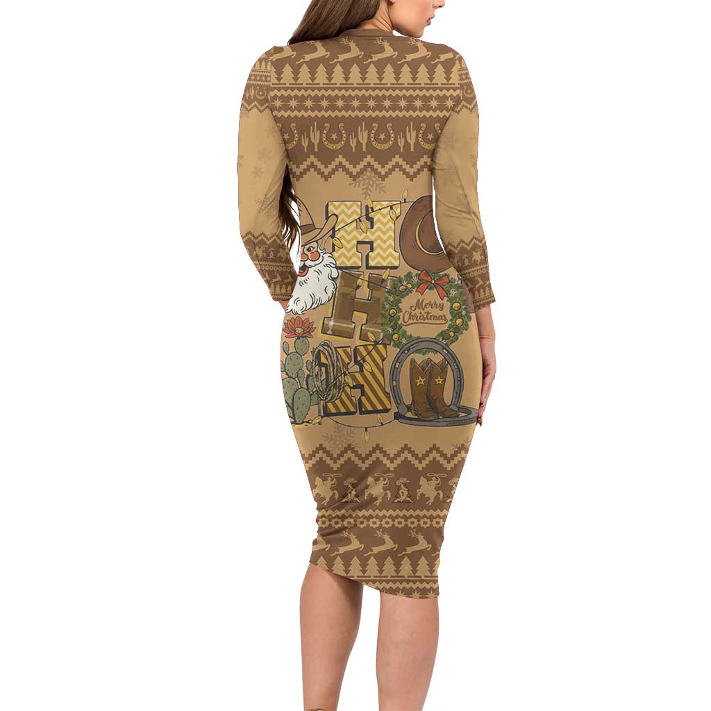 Western Cowboy Christmas Long Sleeve Bodycon Dress Cowboy Santa Ho Ho Ho Retro - Wonder Print Shop