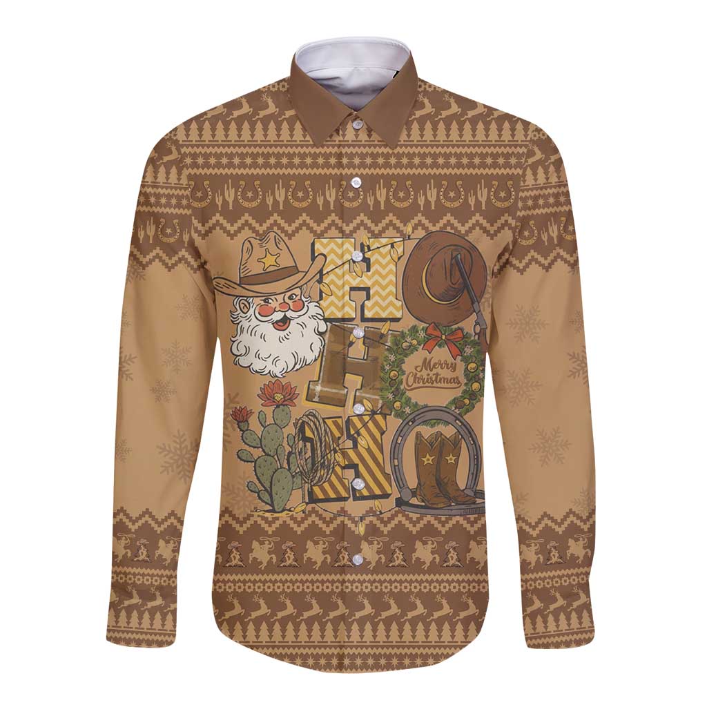 Western Cowboy Christmas Long Sleeve Button Shirt Cowboy Santa Ho Ho Ho Retro - Wonder Print Shop