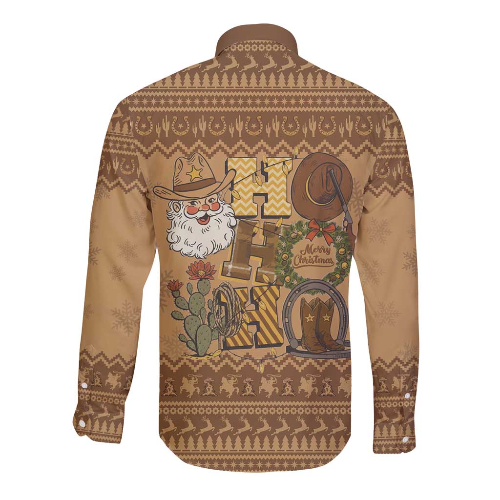 Western Cowboy Christmas Long Sleeve Button Shirt Cowboy Santa Ho Ho Ho Retro - Wonder Print Shop