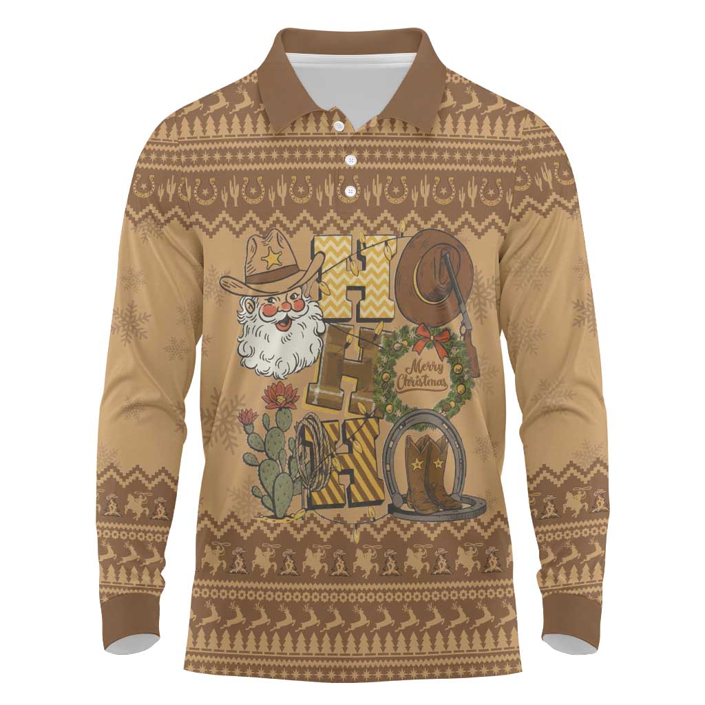 Western Cowboy Christmas Long Sleeve Polo Shirt Cowboy Santa Ho Ho Ho Retro - Wonder Print Shop