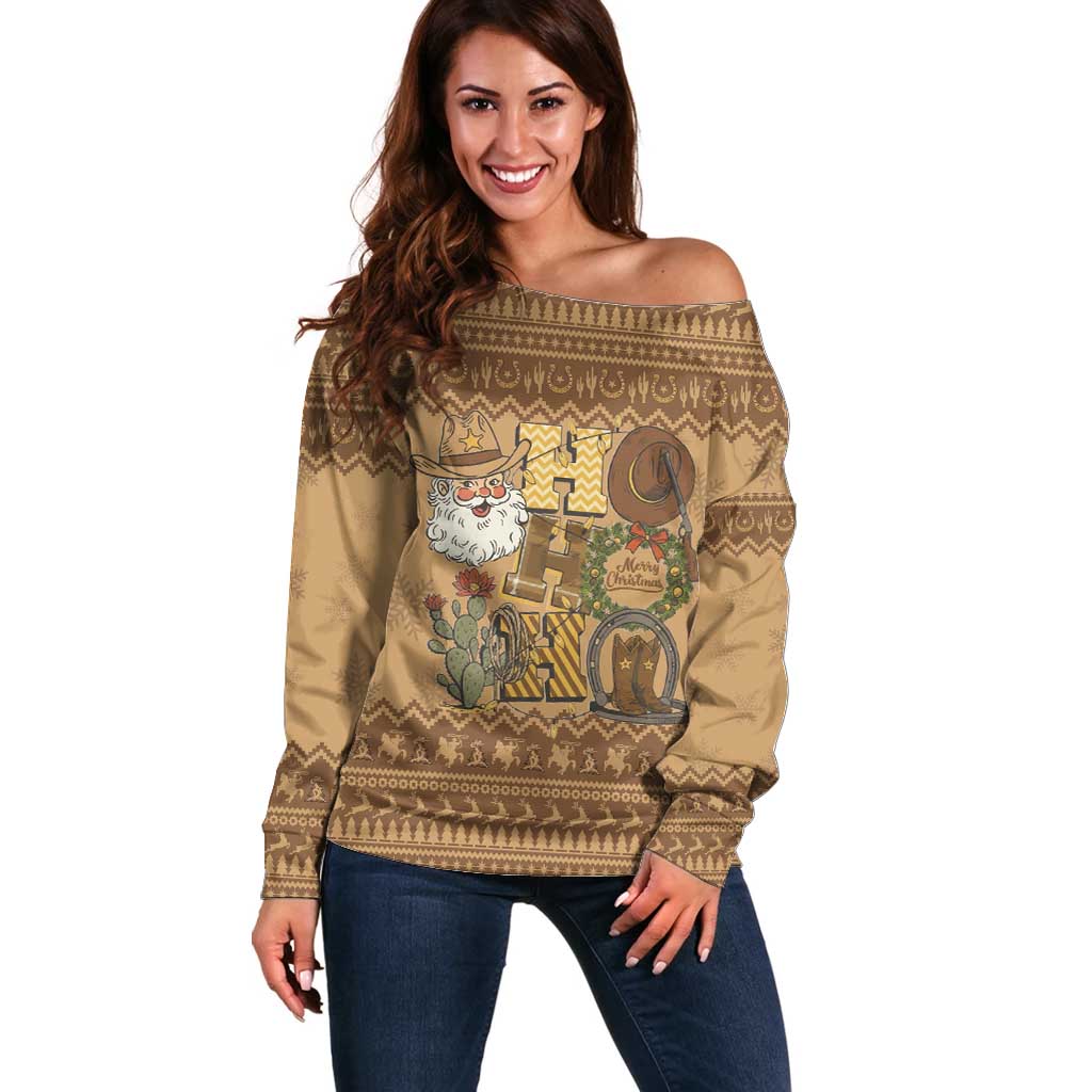 Western Cowboy Christmas Off Shoulder Sweater Cowboy Santa Ho Ho Ho Retro - Wonder Print Shop