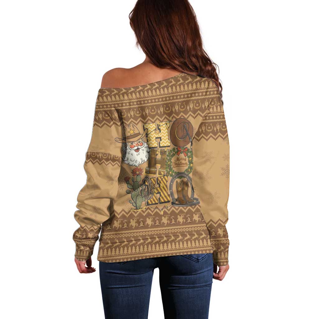 Western Cowboy Christmas Off Shoulder Sweater Cowboy Santa Ho Ho Ho Retro - Wonder Print Shop