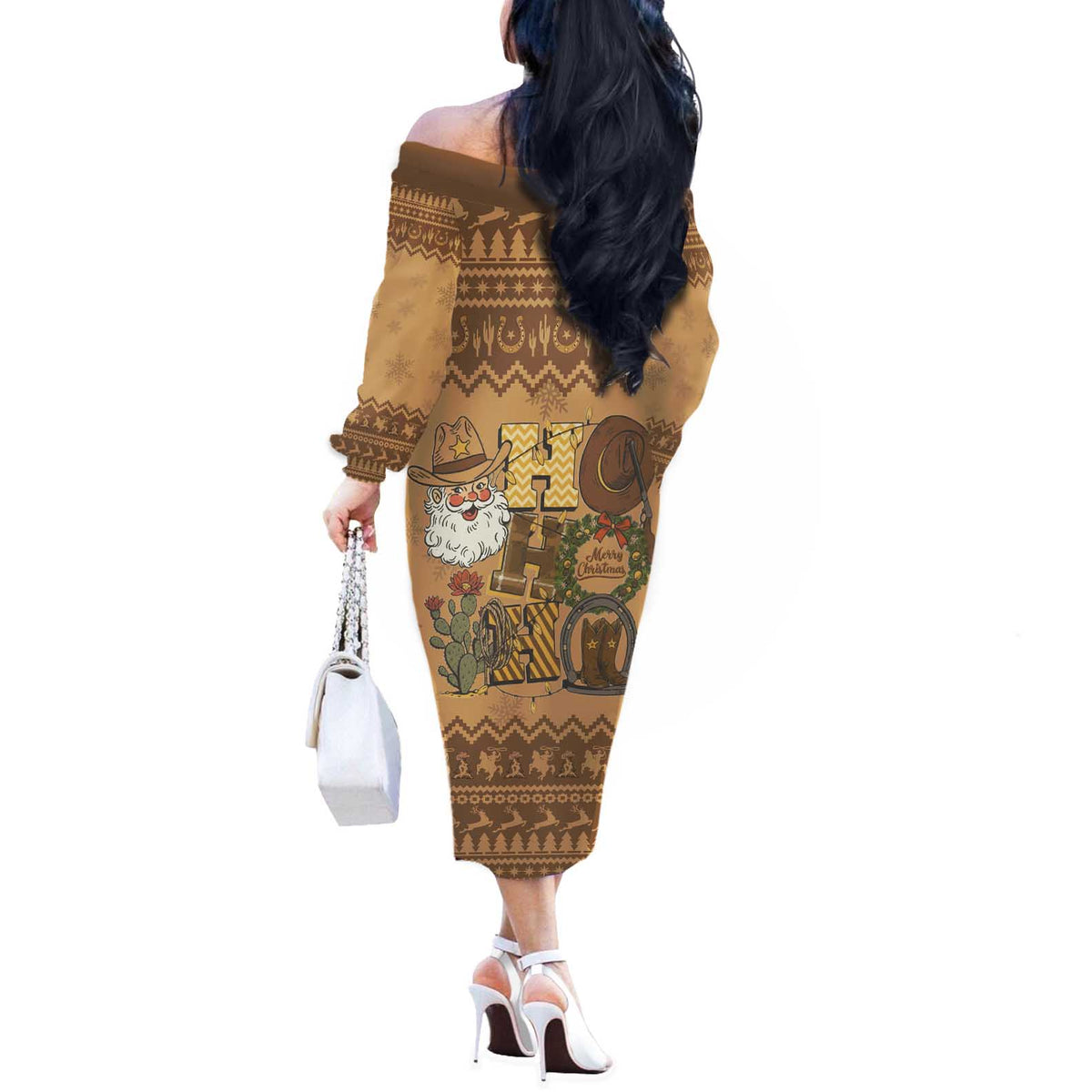 Western Cowboy Christmas Off The Shoulder Long Sleeve Dress Cowboy Santa Ho Ho Ho Retro - Wonder Print Shop