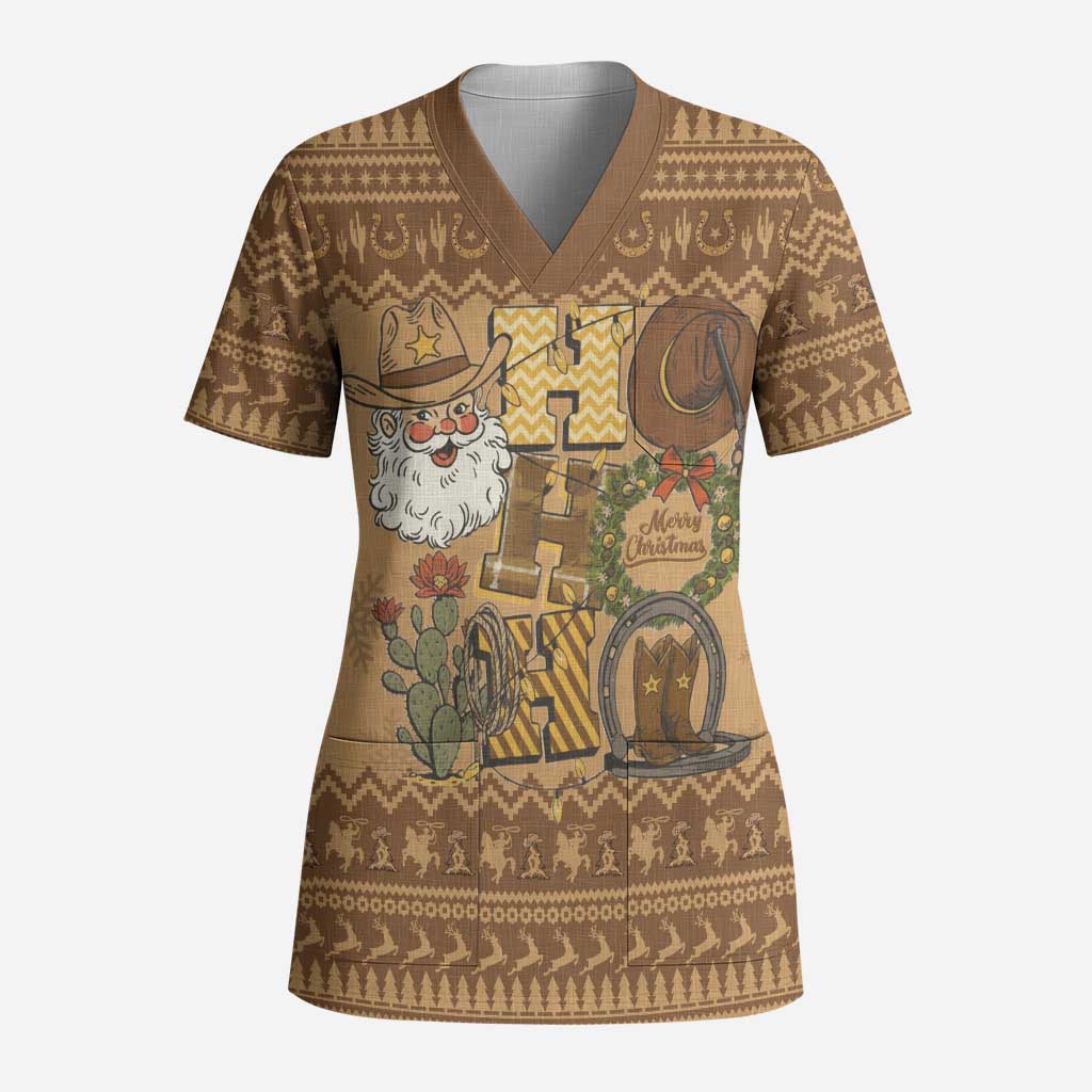 Western Cowboy Christmas Scrub Top Cowboy Santa Ho Ho Ho Retro - Wonder Print Shop