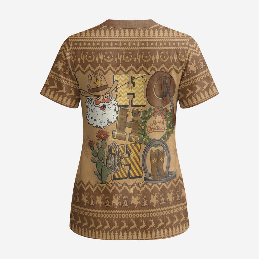 Western Cowboy Christmas Scrub Top Cowboy Santa Ho Ho Ho Retro - Wonder Print Shop