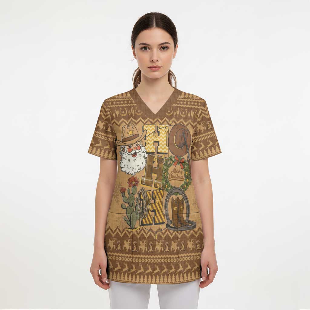 Western Cowboy Christmas Scrub Top Cowboy Santa Ho Ho Ho Retro - Wonder Print Shop