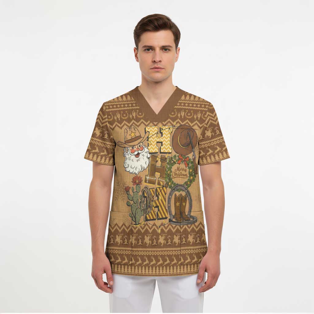 Western Cowboy Christmas Scrub Top Cowboy Santa Ho Ho Ho Retro - Wonder Print Shop