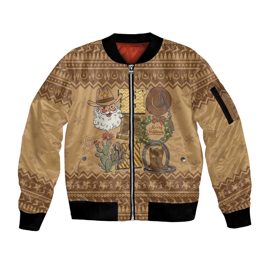 Western Cowboy Christmas Sleeve Zip Bomber Jacket Cowboy Santa Ho Ho Ho Retro - Wonder Print Shop
