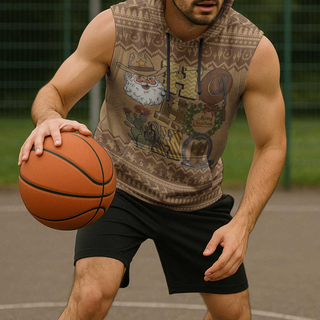 Western Cowboy Christmas Sleeveless Hoodie Cowboy Santa Ho Ho Ho Retro - Wonder Print Shop