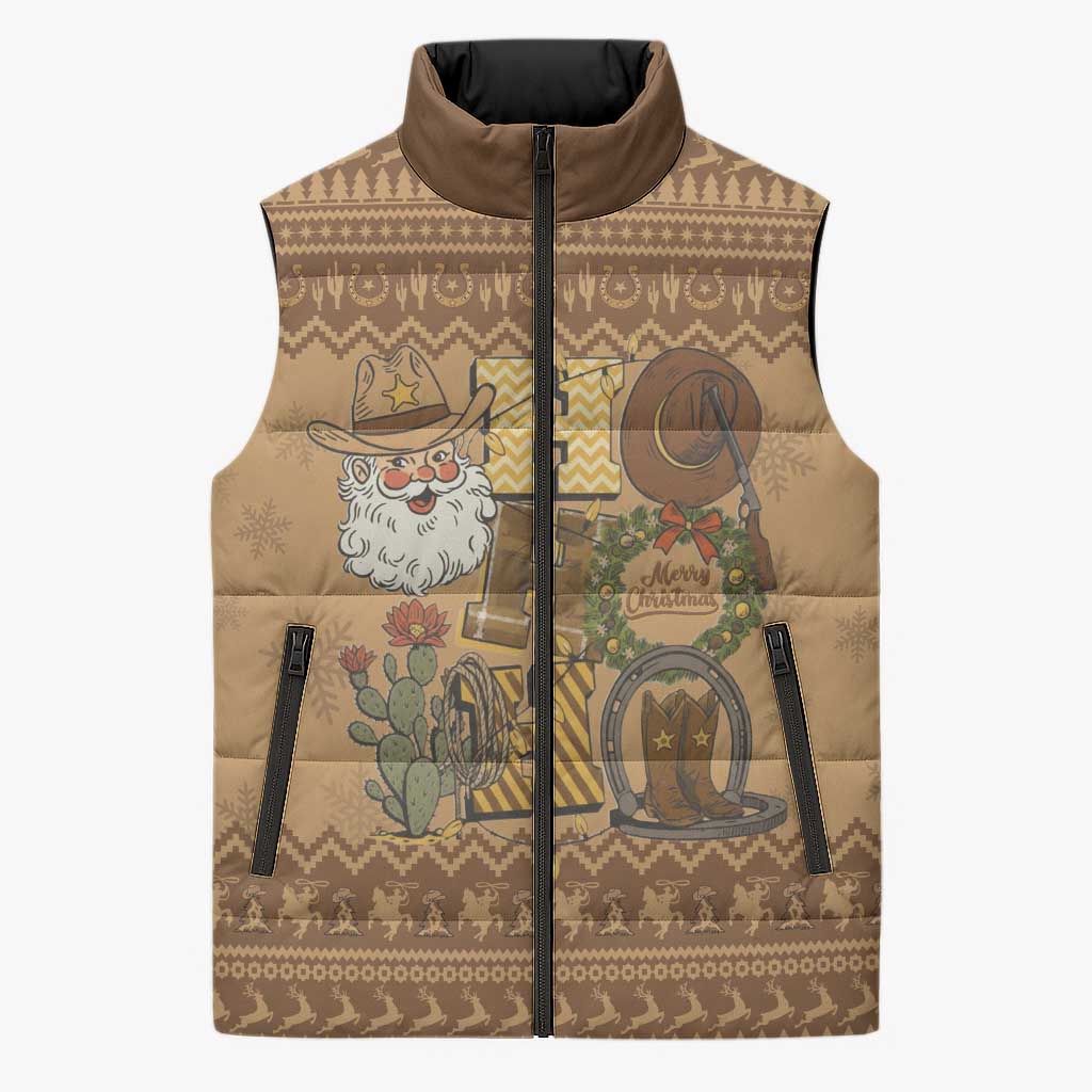Western Cowboy Christmas Sleeveless Puffer Jacket Cowboy Santa Ho Ho Ho Retro - Wonder Print Shop