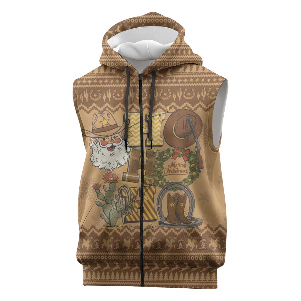 Western Cowboy Christmas Sleeveless Zip Hoodie Cowboy Santa Ho Ho Ho Retro - Wonder Print Shop