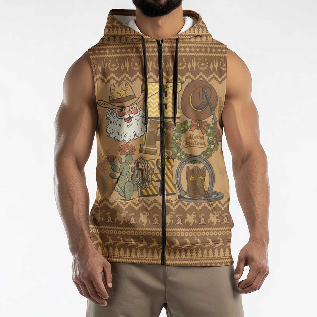Western Cowboy Christmas Sleeveless Zip Hoodie Cowboy Santa Ho Ho Ho Retro - Wonder Print Shop