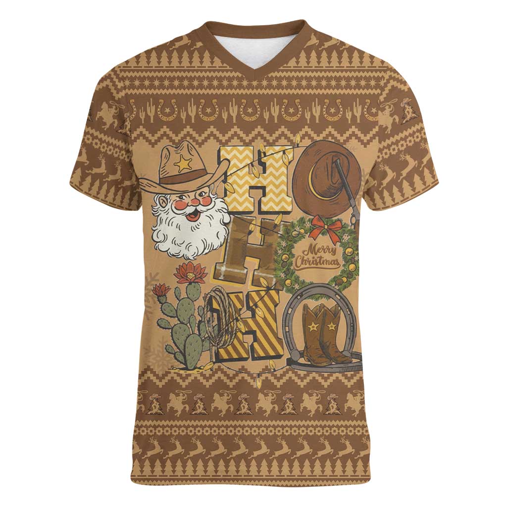 Western Cowboy Christmas Women V-Neck T-Shirt Cowboy Santa Ho Ho Ho Retro - Wonder Print Shop