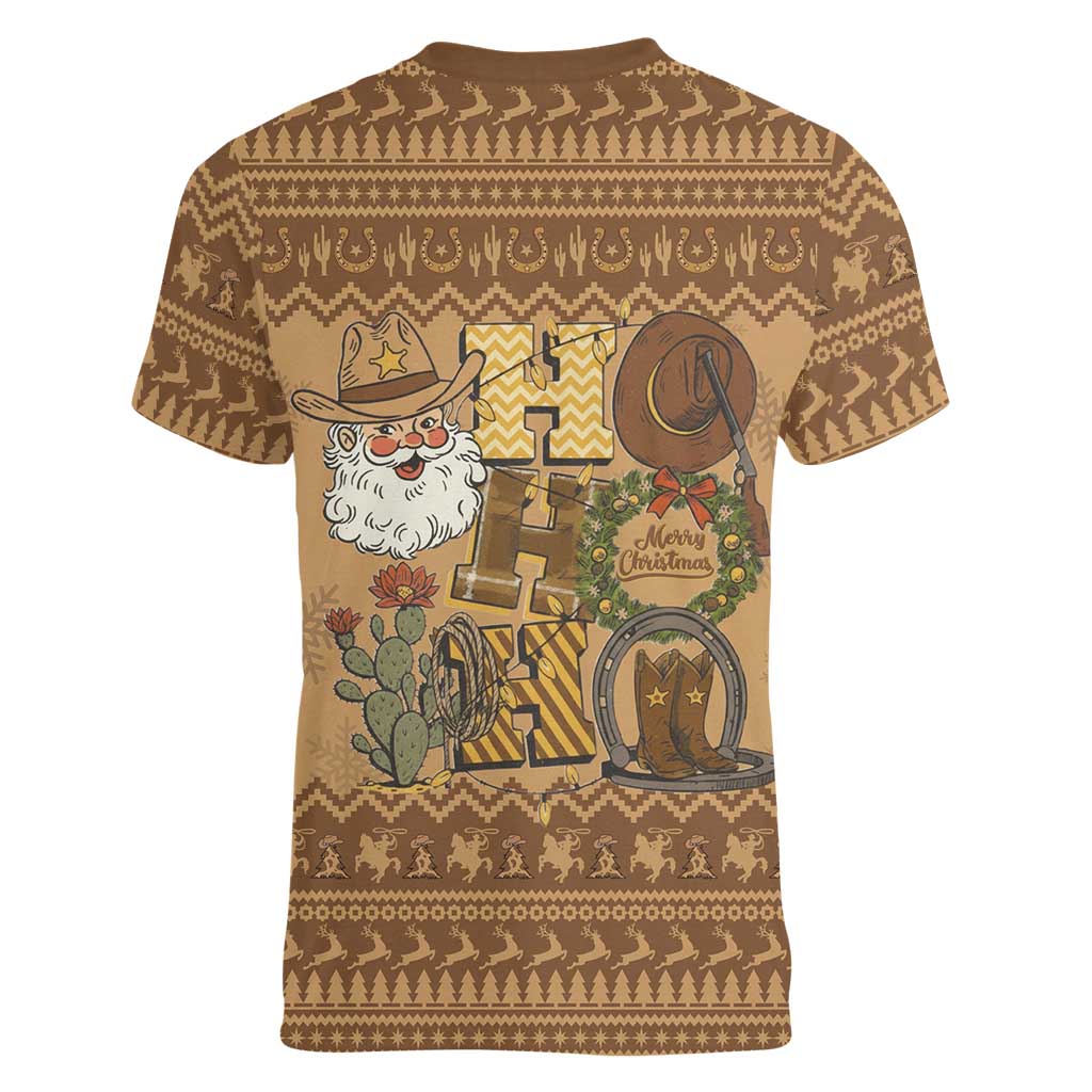 Western Cowboy Christmas Women V-Neck T-Shirt Cowboy Santa Ho Ho Ho Retro - Wonder Print Shop