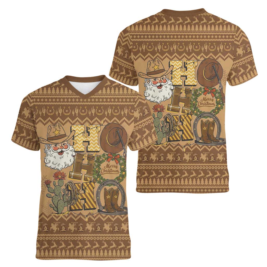 Western Cowboy Christmas Women V-Neck T-Shirt Cowboy Santa Ho Ho Ho Retro - Wonder Print Shop