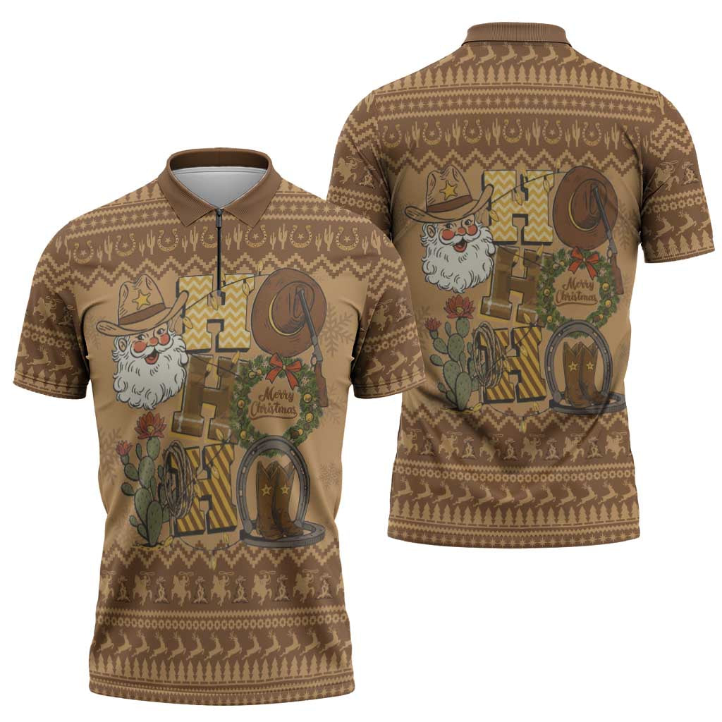 Western Cowboy Christmas Zipper Polo Shirt Cowboy Santa Ho Ho Ho Retro - Wonder Print Shop