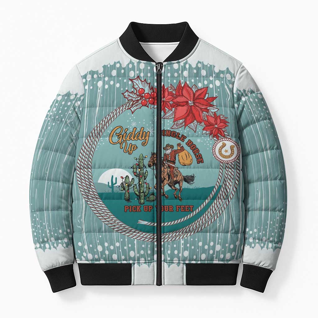 Cowboy Christmas Bomber Puffer Jacket Giddy Up Jingle Horse Green Version - Wonder Print Shop