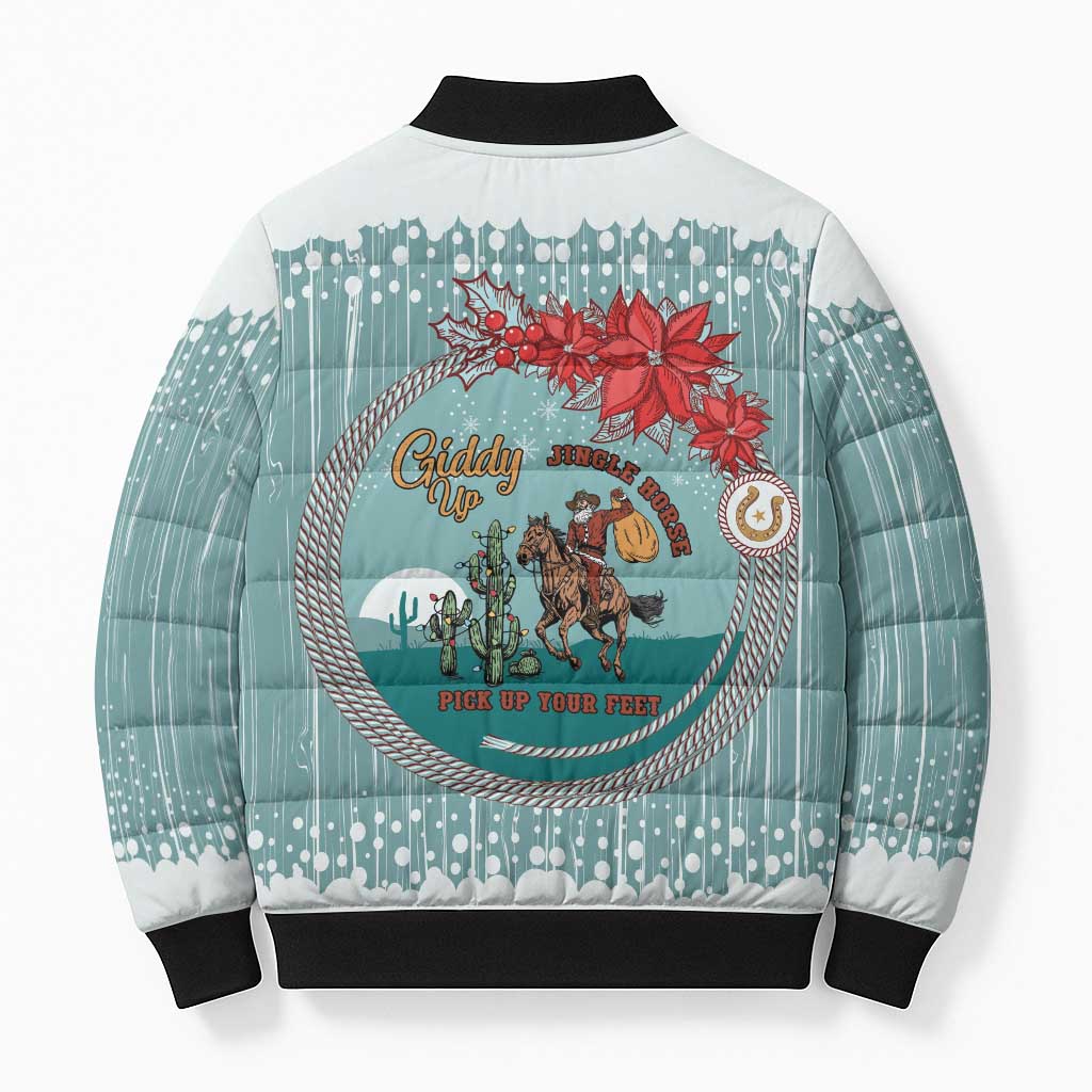 Cowboy Christmas Bomber Puffer Jacket Giddy Up Jingle Horse Green Version - Wonder Print Shop