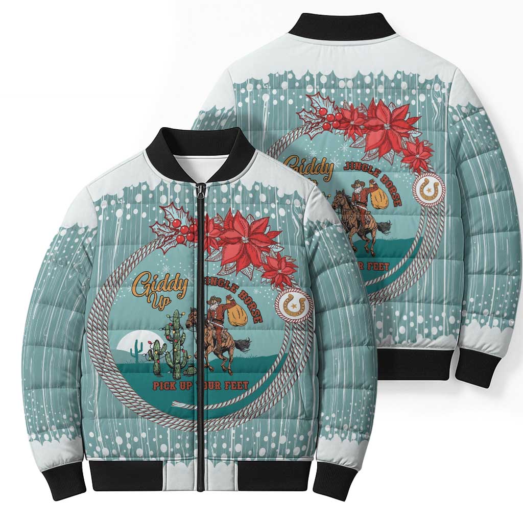 Cowboy Christmas Bomber Puffer Jacket Giddy Up Jingle Horse Green Version - Wonder Print Shop
