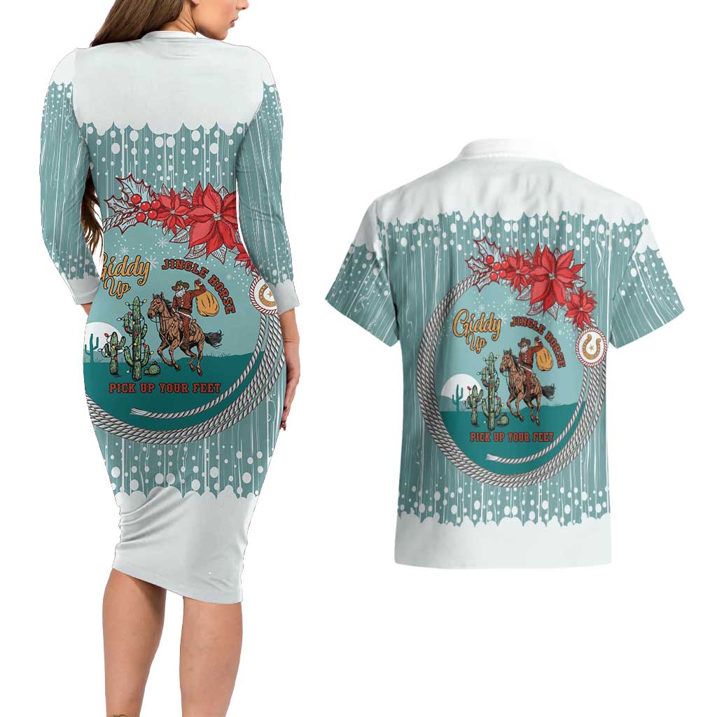 Cowboy Christmas Couples Matching Long Sleeve Bodycon Dress and Hawaiian Shirt Giddy Up Jingle Horse Green Version - Wonder Print Shop