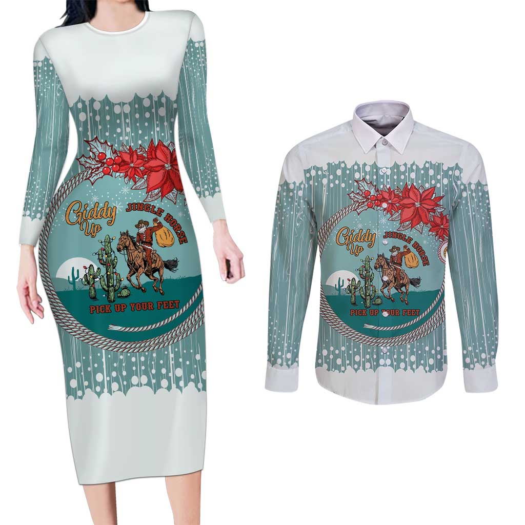 Cowboy Christmas Couples Matching Long Sleeve Bodycon Dress and Long Sleeve Button Shirt Giddy Up Jingle Horse Green Version - Wonder Print Shop