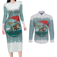 Cowboy Christmas Couples Matching Long Sleeve Bodycon Dress and Long Sleeve Button Shirt Giddy Up Jingle Horse Green Version - Wonder Print Shop
