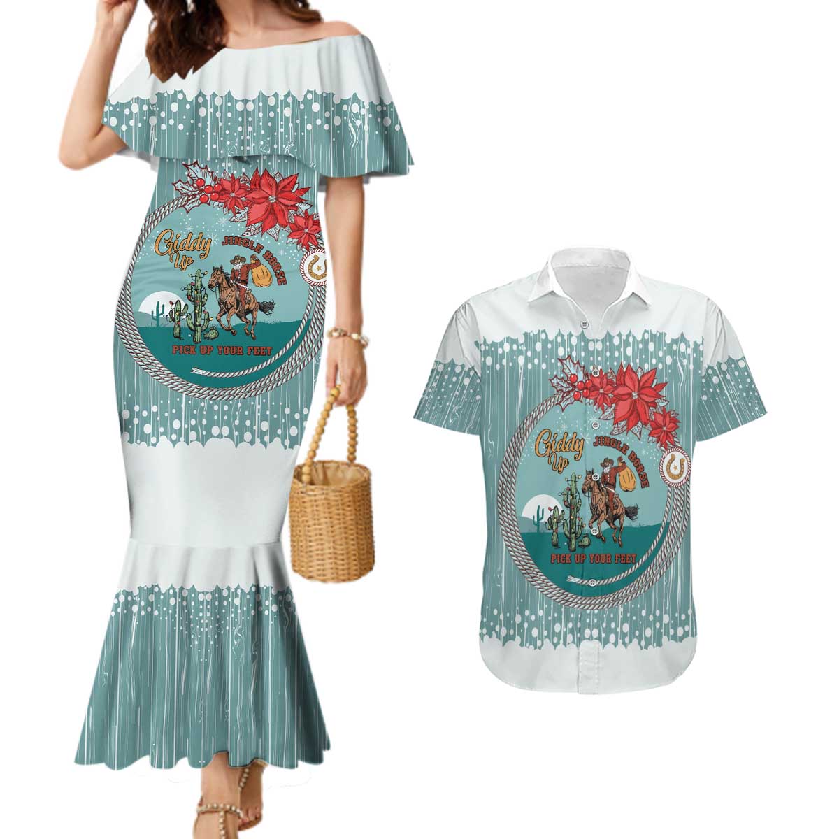 Cowboy Christmas Couples Matching Mermaid Dress and Hawaiian Shirt Giddy Up Jingle Horse Green Version - Wonder Print Shop