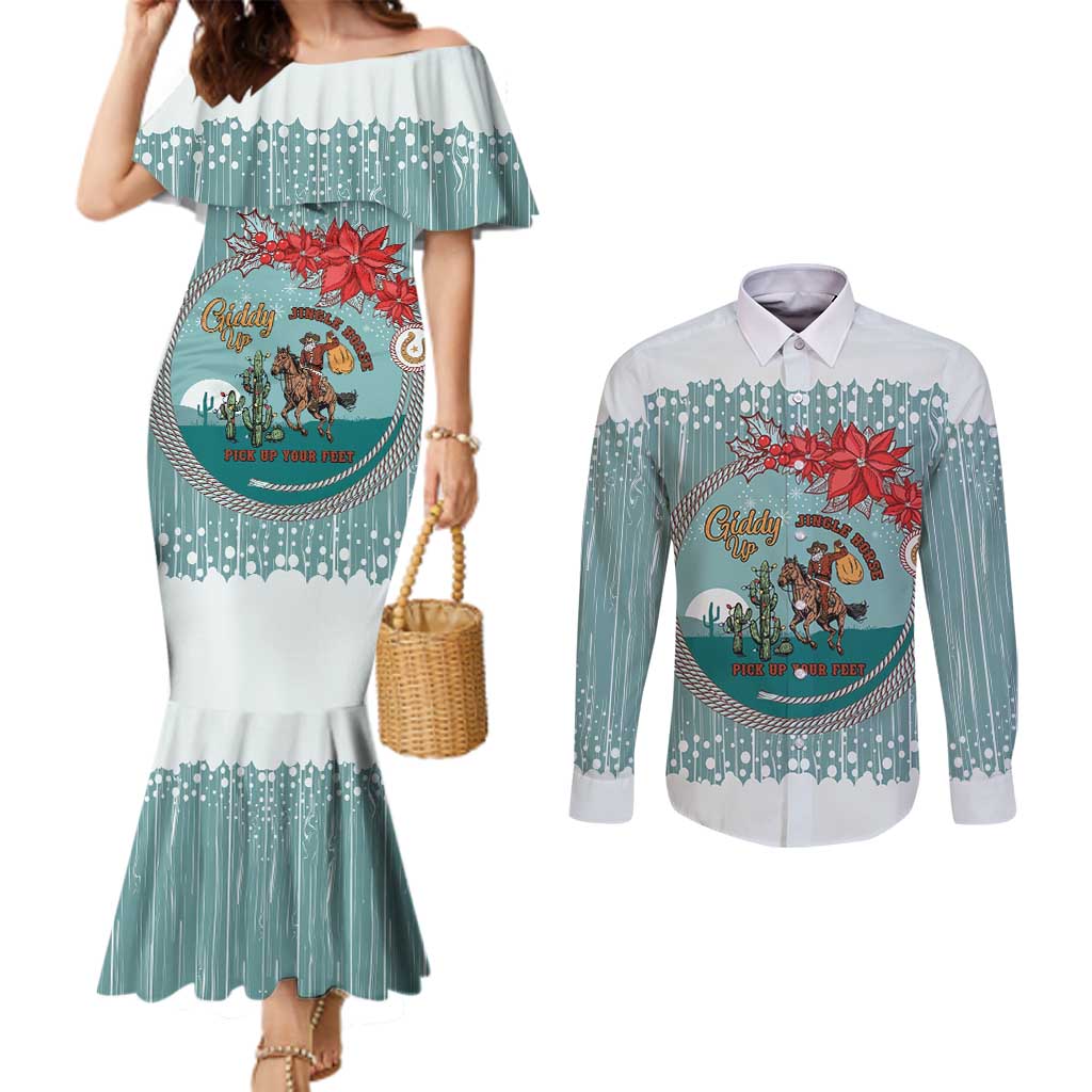 Cowboy Christmas Couples Matching Mermaid Dress and Long Sleeve Button Shirt Giddy Up Jingle Horse Green Version - Wonder Print Shop