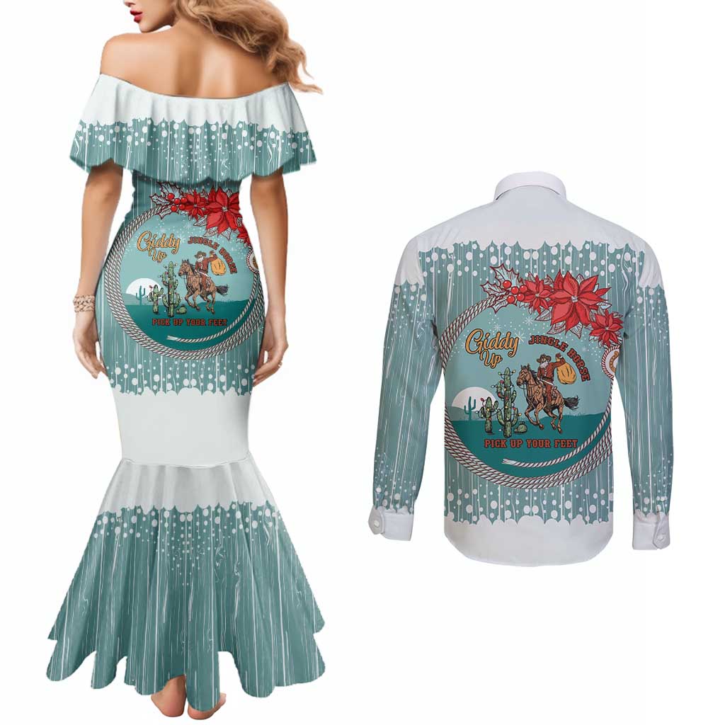 Cowboy Christmas Couples Matching Mermaid Dress and Long Sleeve Button Shirt Giddy Up Jingle Horse Green Version - Wonder Print Shop