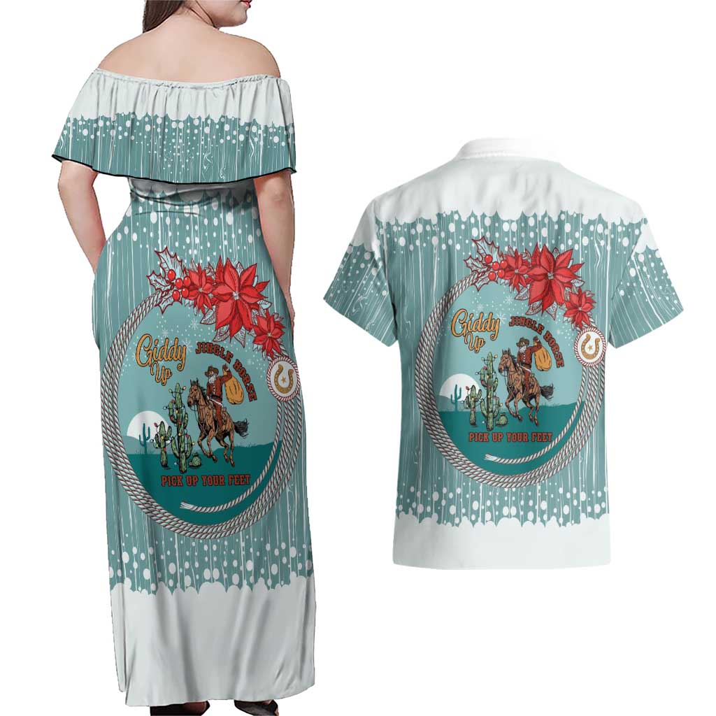 Cowboy Christmas Couples Matching Off Shoulder Maxi Dress and Hawaiian Shirt Giddy Up Jingle Horse Green Version - Wonder Print Shop