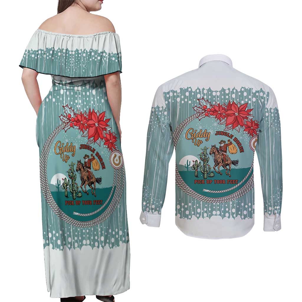 Cowboy Christmas Couples Matching Off Shoulder Maxi Dress and Long Sleeve Button Shirt Giddy Up Jingle Horse Green Version - Wonder Print Shop